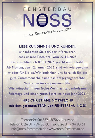 Wir machen Urlaub.
Vom 22.12.20025 bis einschließlich 09.01.2026 machen wir Weihnachtsferien. Ab Montag, 12.01.2025 sind wir wie gewohnt wieder für Sie da.
Wir wünschen Ihnen schöne Weihnachten und einen guten Start ins Neue Jahr 2026!